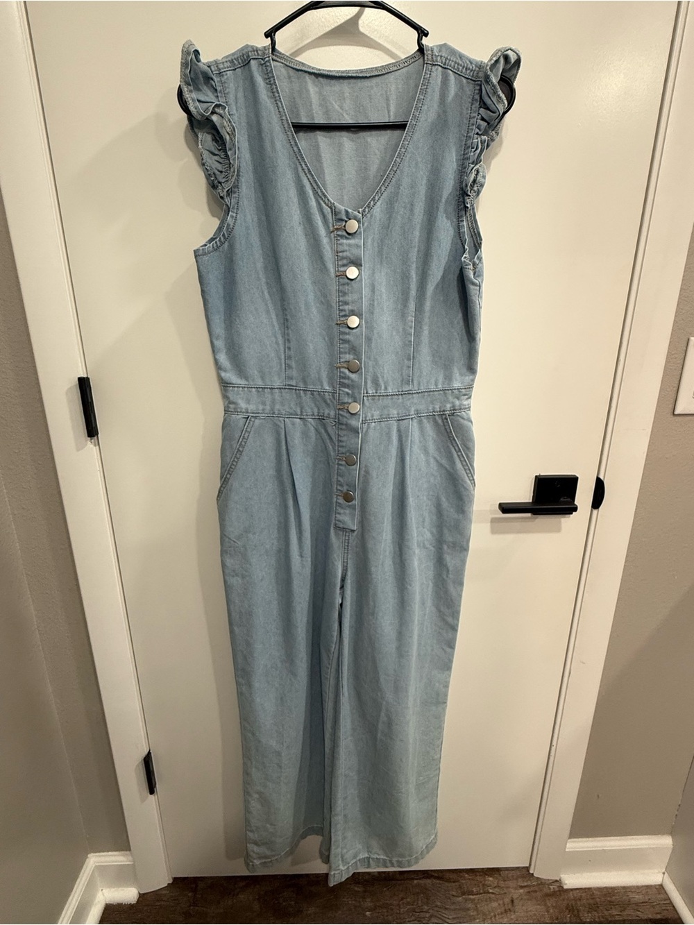 SHEIN Womens M Blue Denim Button Front Ruffle Sleeveless Jumpsuit Romper Pockets